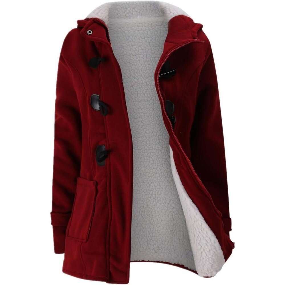 Women's Wine-Red Unique Winter Warm Fleece Fur Vest Jacket Coat Horn Button Hood